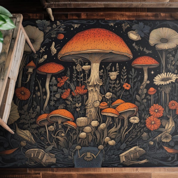 Mushrooms and Wildflowers Chenille Area Rug Dark Cottagecore Aesthetic, Witchy Gothic Bedroom, Living Room & Meditation Space Decor