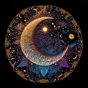 Crescent Moon Electric Mandala Art Digital Download, 3 Sizes, JPG - Witchy Spiritual Decor - Moon Lover Gift Idea - Celestial Aesthetic