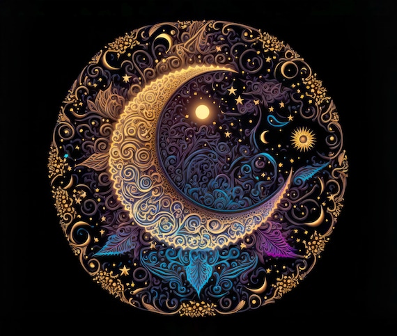 「MOON.」CLARITY ART Crescent Moon Electric Mandala Art Digital Download, 3 Sizes