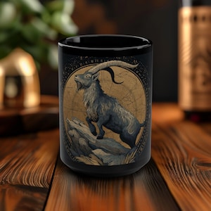 Steinbock Sternzeichen Ziege Tasse mit Sternenkarte - 15 Unzen schwarze Keramik Astrologie Tasse für erdige Boho Trinker, mikrowellen- und spülmaschinenfest