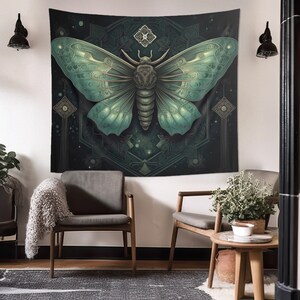 May include: A tapestry featuring a large, intricately detailed green moth with a dark green background. The moth is surrounded by a geometric pattern of stars and circles.