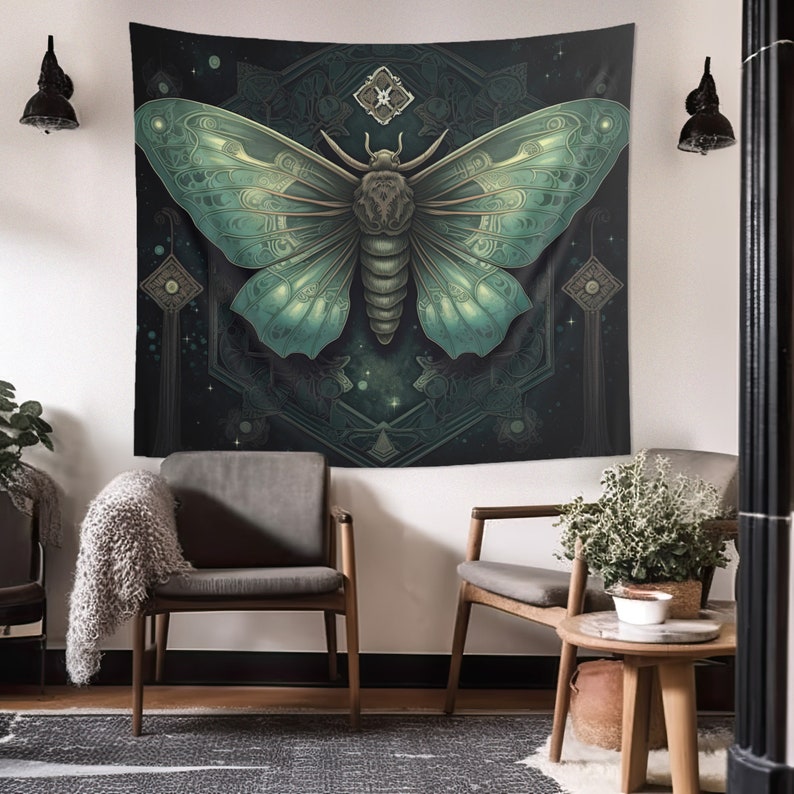 May include: A tapestry featuring a large, intricately detailed green moth with a dark green background. The moth is surrounded by a geometric pattern of stars and circles.