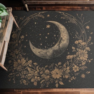 Tapis croissant de lune délavé et mandala de fleurs sauvages en polyester chenille (3 tailles), design cottagecore sombre, décoration de chambre esthétique lunaire sorcière