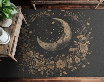 Faded Crescent Moon & Wildflower Mandala Polyester Chenille Area Rug (3 Sizes), Dark Cottagecore Design, Witchy Lunar Aesthetic Room Decor