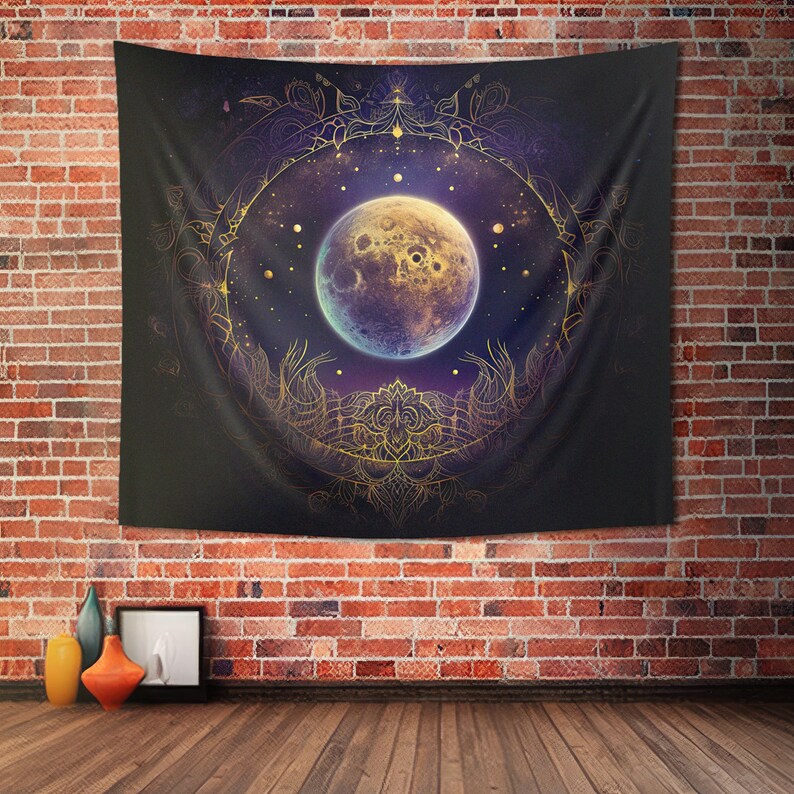 May include: A tapestry depicting a large, full moon with a golden, ornate frame. The moon is surrounded by stars and a purple background. The frame is detailed with intricate floral patterns.