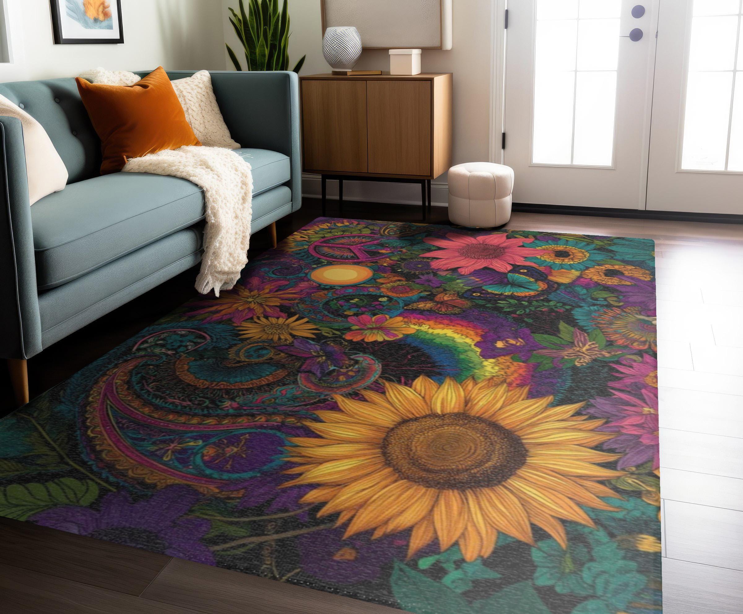 Floral Peace Bloom Hippie Rug With Retro Flowers, Butterflies