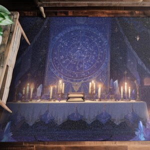 Tapete de Chenille com Astrologia Celestial e Altar, Velas e Mapa Estelar - Tapete Místico para Decoração de Ambientes com Estilo Bruxo, Boho ou Ocultismo