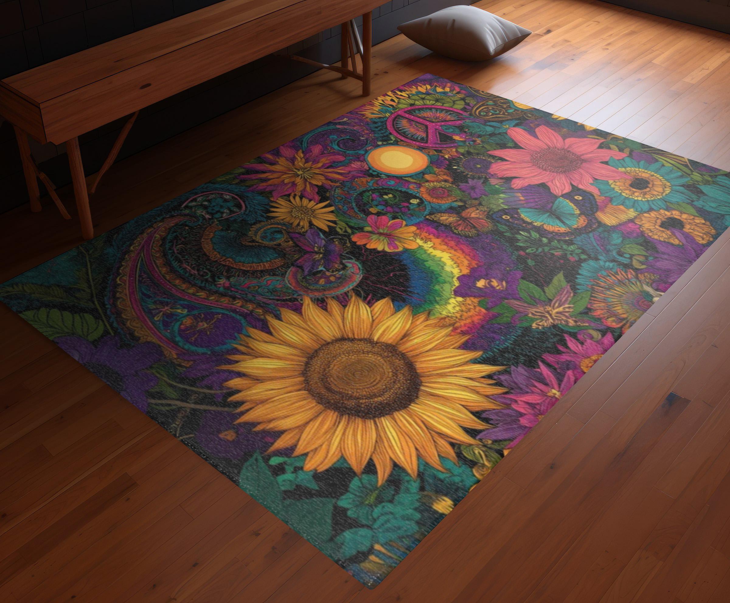 Floral Peace Bloom Hippie Rug With Retro Flowers, Butterflies