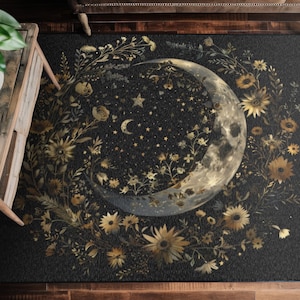 Crescent Moon & Wildflower Mandala Polyester Chenille Area Rug (3 maten), Dark Cottagecore Design, Lunar Lover Esthetisch Kamerdecor
