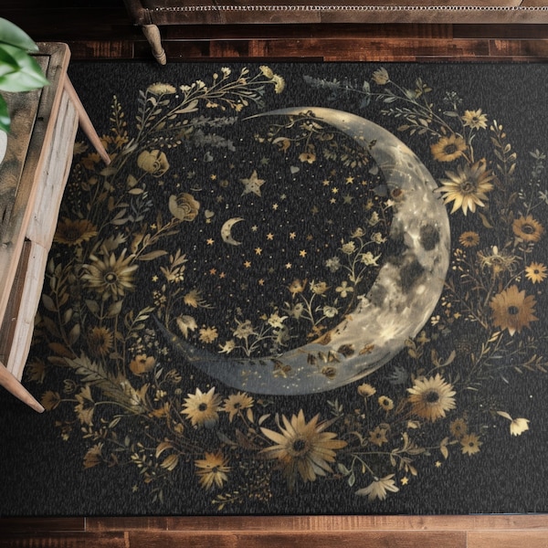 Crescent Moon & Wildflower Mandala Polyester Chenille Area Rug (3 Sizes), Dark Cottagecore Design, Lunar Lover Aesthetic Room Decor