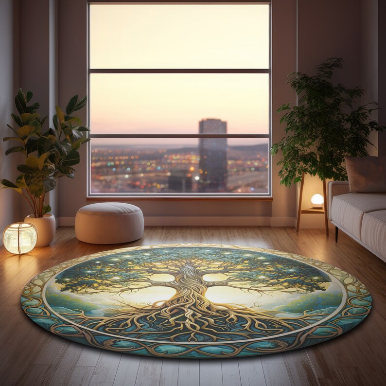 May include: A round rug with a tree of life design. The tree has gold roots and branches with green leaves. The background is a light blue with a gold border.