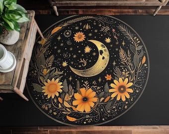 Crescent Moon & Wildflower Chenille Area Rug: Cottagecore Aesthetic, Dark Mandala Lithprint Style, Witchy Rectangular Mat, Multiple Sizes