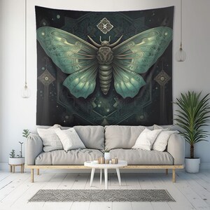 May include: A tapestry featuring a large, intricately detailed green moth with a dark background. The moth is surrounded by a geometric pattern of stars and other shapes.