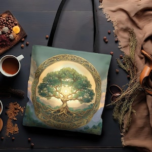 Golden Rooted Realms Tree of Life Tote Bag with Celtic Sun Frame, Double-Sided Boho Spiritual Bag for Nature, Forest or Mystical Aesthetic