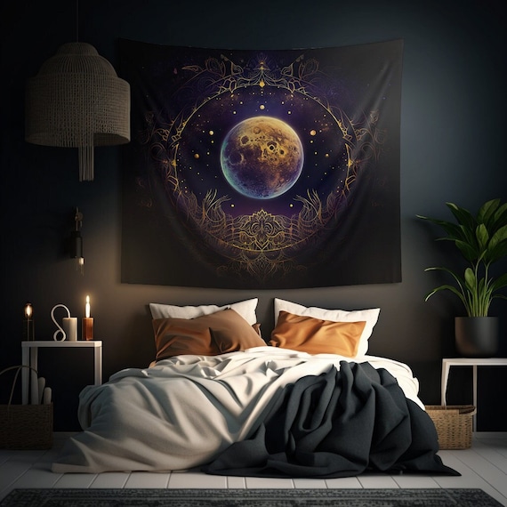 Celestial Full Moon Mandala Wall Tapestry: Witchy Occult Aesthetic, Multiple Sizes (36x26in - 104x88in), Witch Wall Art, Altar Cloth