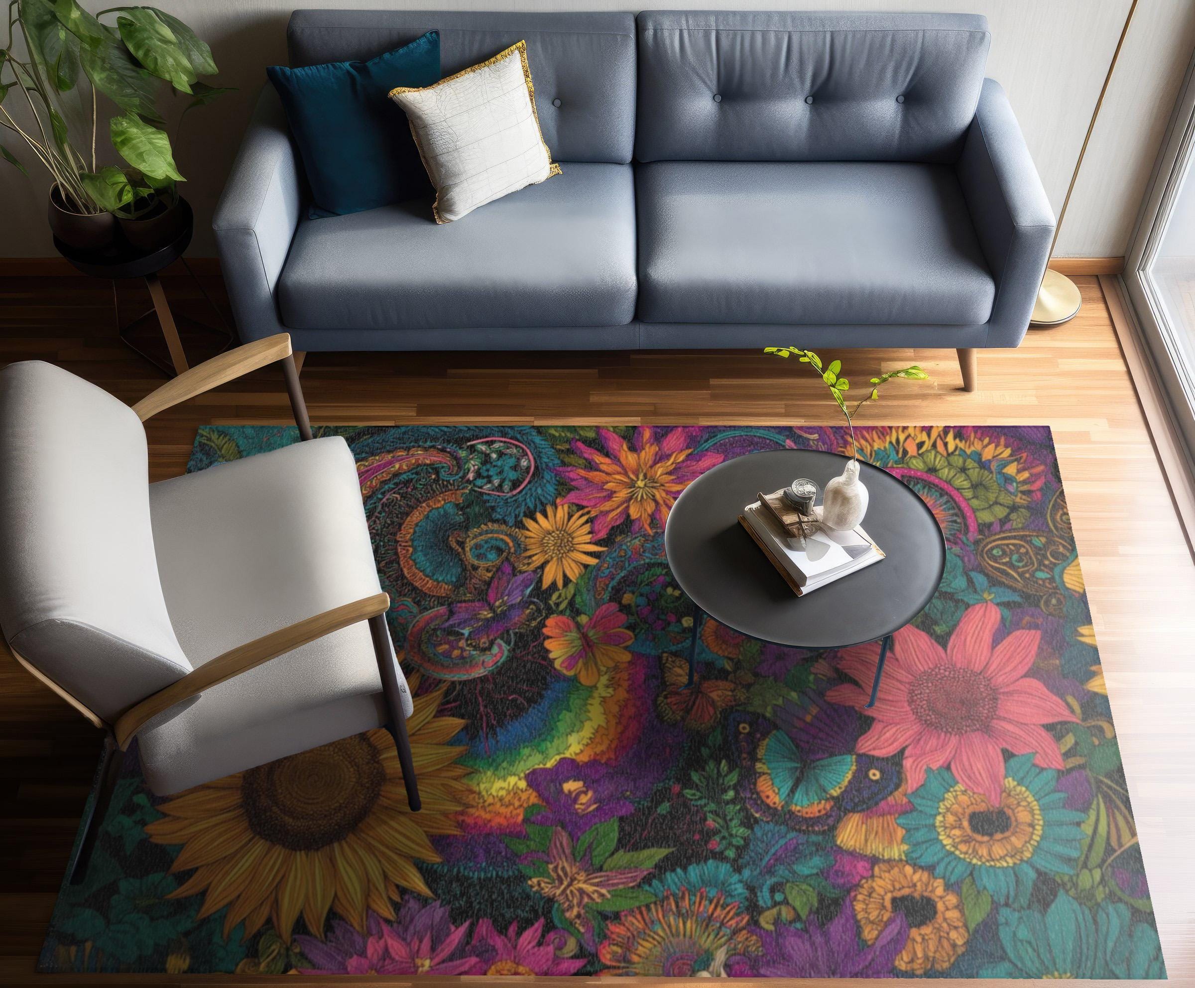 Floral Peace Bloom Hippie Rug With Retro Flowers, Butterflies