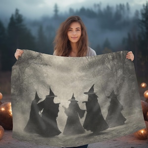 Coven Dance Witch Throw Blanket, Double Sided Vintage Witches in Forest Design, Soft Halloween Blanket for Gothic Home Decor