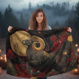 Celestial Ember Ram Aries Double Sided Throw Blanket - Zodiac Fire Sign Plush Blanket with Moon & Cosmic Ram Design in Red and Gold Tones