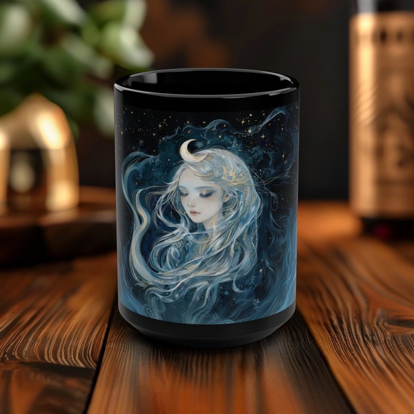Selene's Moonlit Reverie Mug, 15oz Black Ceramic, Goddess of the Moon Design, Celestial Elegance & Nocturnal Charm Sipware for Lunar Lovers