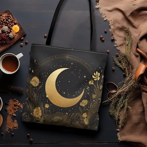 Celestial Bloom Crescent Moon Double-Sided Tote Bag with Stars & Florals, Witchy Gold Print Boho Bag for Celestial or Gothic Fashion