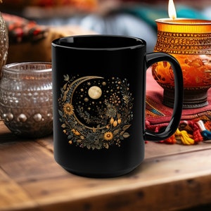 Dark Style Crescent Moon and Wildflower Mandala Coffee Mug, Cottagecore Aesthetic, Spiritual Witchy Nature Lover Tea Mug, Gift For Her