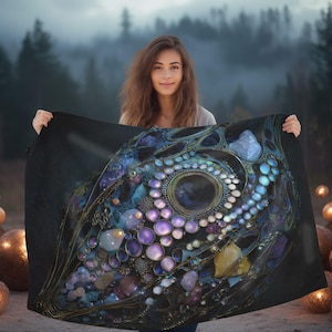 Könnte beinhalten: Eine rechteckige Wohndecke mit dunklem Hintergrund und einem zentralen, komplexen Design aus irisierenden violetten, blauen und goldenen kreisförmigen Formen, kristallinen Strukturen und metallischen Filigranmustern in einer geschichteten Anordnung.