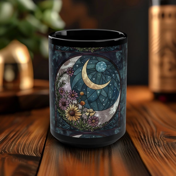 Moonlit Garden 15oz Ceramic Mug Stained Glass Floral & Crescent Moon Imagery, Enchanting Nighttime Brew Cup for Tea and Twilight Reflections