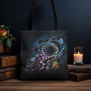 May include: A black tote bag featuring a central abstract design composed of numerous circular, iridescent, and jewel-toned elements in shades of blue, purple, and gold, arranged in a complex, layered pattern against a dark background.