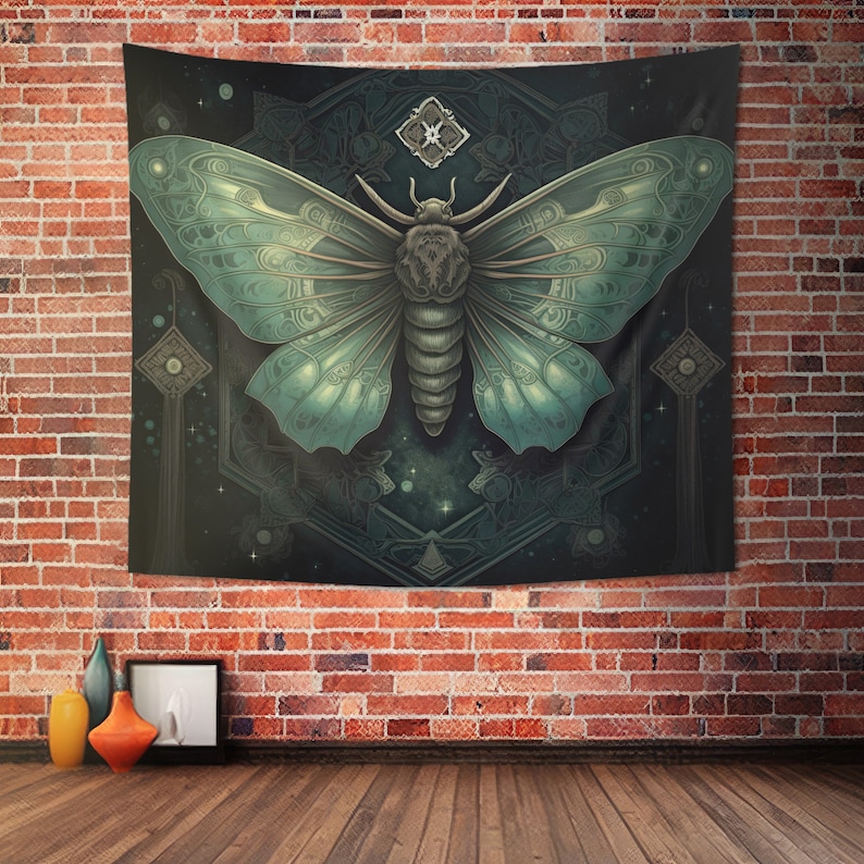 May include: A tapestry featuring a large, intricately detailed, green moth with a dark background. The moth is surrounded by a geometric pattern with a star-like design in the center.