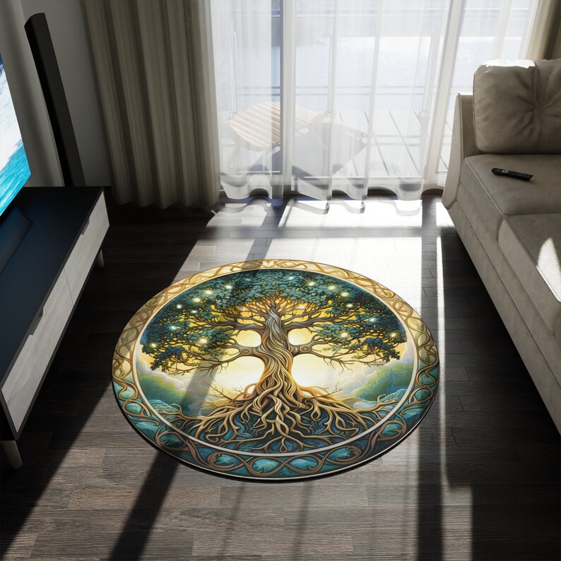 Celtic Tree of Life Chenille Large Round Area Rug, Nature Mandala Design, Ancient Spiritual Decor, Bedroom, Living Room & Meditation Space image 7