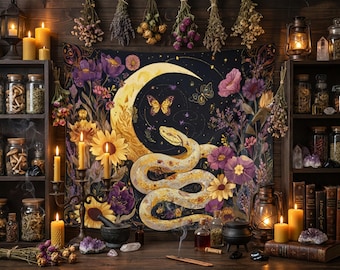 May include: A mystical scene featuring a tapestry with a crescent moon and snake design, surrounded by flowers and candles. Shelves hold jars of herbs and books. Dried flowers hang above, creating a cozy, magical atmosphere.