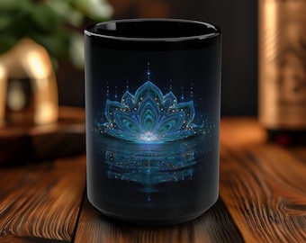 Caneca Luminous Bloom Water Element, xícara de café de 15 oz com mandala de lótus em cerâmica preta e tons de azul ondulado, caneca boho zen brilhante para momentos de tranquilidade