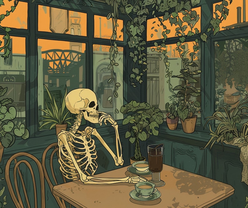 Skeleton Drinking Coffee in Paris Cafe Indoor Wall Tapestry, Cozy ...