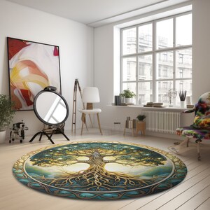 May include: A round, colorful rug with a tree of life design. The tree has a golden trunk and roots, green leaves, and glowing lights in the branches. The rug has a blue and gold border.