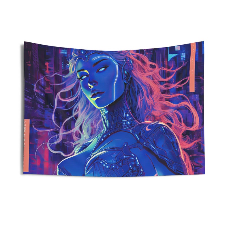 Techno Goddess Wall Tapestry: Cyberpunk Aesthetic, Android Style Wall Art, Celestial Altar Cloth , Multiple Sizes (36x26in - 104x88in) image 10