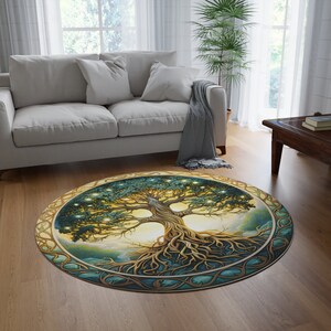 Celtic Tree of Life Chenille Large Round Area Rug, Nature Mandala Design, Ancient Spiritual Decor, Bedroom, Living Room & Meditation Space image 8