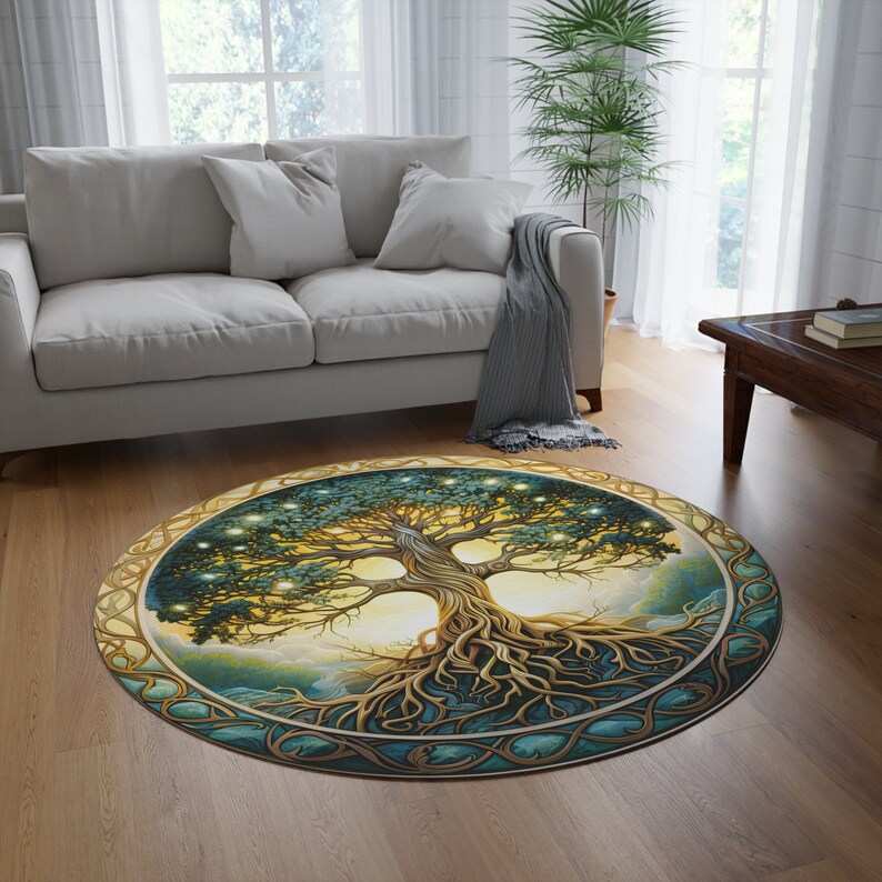 Celtic Tree of Life Chenille Large Round Area Rug, Nature Mandala Design, Ancient Spiritual Decor, Bedroom, Living Room & Meditation Space image 8