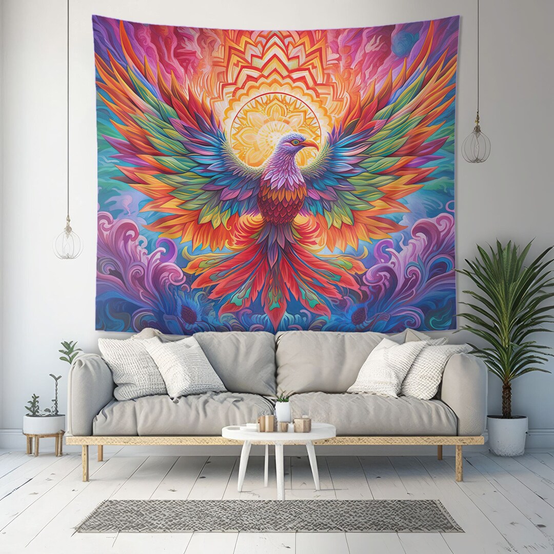 Rainbow Phoenix Rising Wall Tapestry Psychedelic Aesthetic, Spiritual Altar Cloth, Trip Lover