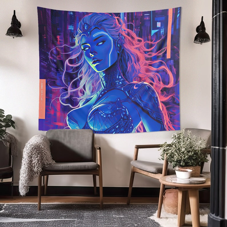 May include: A rectangular wall tapestry featuring a vibrant digital illustration of a cybernetic figure with flowing hair, glowing blue skin, and intricate mechanical armor, set against a dark, neon-lit urban background with vertical text accents.