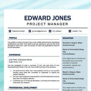 Project Manager Resume Template with Cover Letter & References | MS Word | Google Docs | Apple Pages | CV | Instant Download