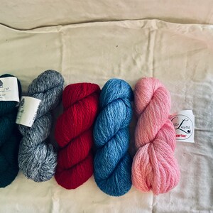 May include: Five skeins of yarn in various colors: dark green, gray, red, blue, and pink. Each skein is tightly wound and has a label attached. The yarn is arranged on a light-colored fabric, suggesting a crafting or knitting theme.
