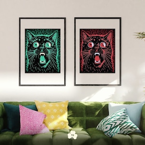 Set of 2 Digital Print Blue and Red Screen Printed Scaredy Cat, Scared Cat Print Poster