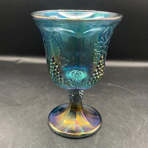 Vintage Indiana Glass Blue Carnival Goblet – Harvest Grape Pattern, Iridescent Finish