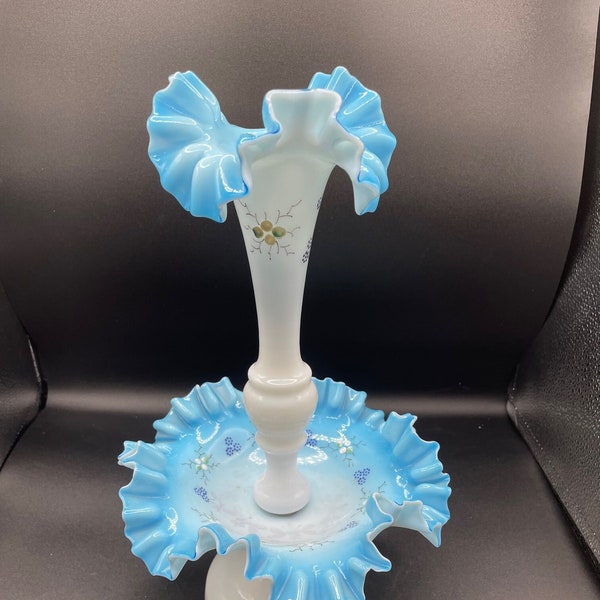 Beautiful Blue and White American made glass Epergne/Vase with flower pattern and ruffles handpainted