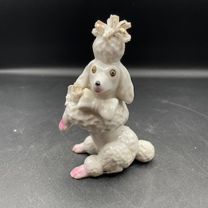 Mid Century white porcelain Spaghetti Ceramic Poodle with gold and pink