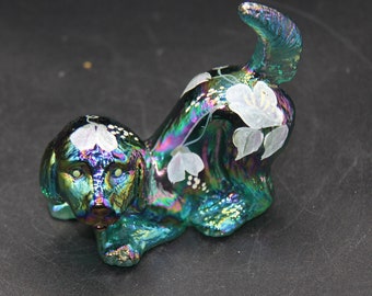 Rare Green Hand Painted Signed Fenton Playful Puppy Dog Carnival