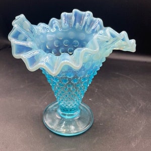 Fenton Hobnail Blue Opalescent hobnail horn ruffle vase