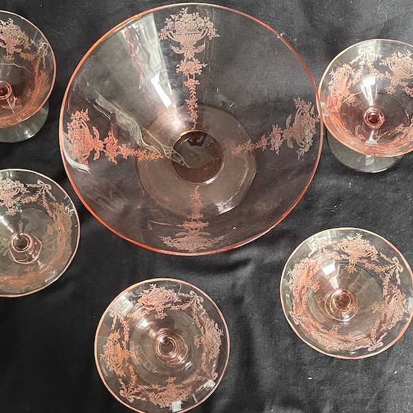 BowKnot Pink Depression Glass Champagne Cups and Bowl