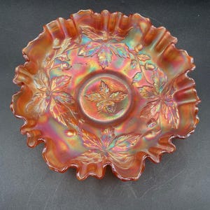 Fenton Autumn Acorns Merigold Carnival Glass Bowl