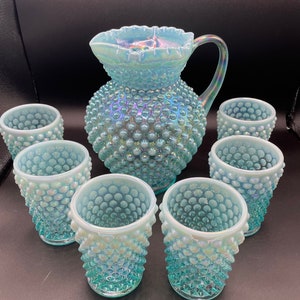Fenton Blue Opalescent Glass Hobnail Pitcher With 6 Glasses